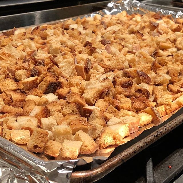 Toasting assorted fresh breads, for stuffing Lauren Groveman