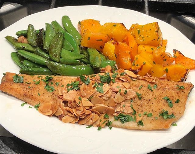 Trout almondine with sautéed snap peas and roasted butternut squash