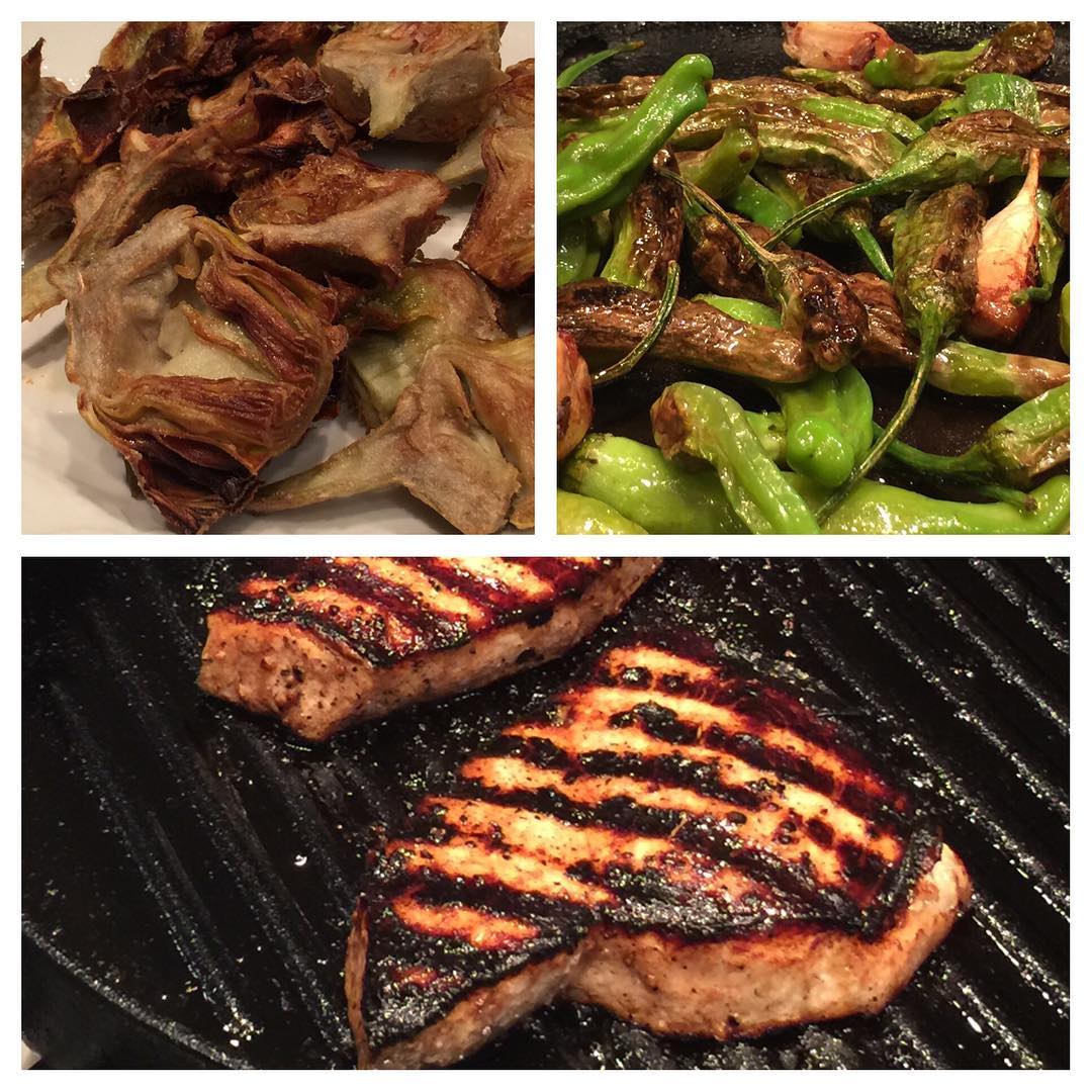 Panfried artichokes, sautéed shishito peppers and grilled swordfish Lauren Groveman