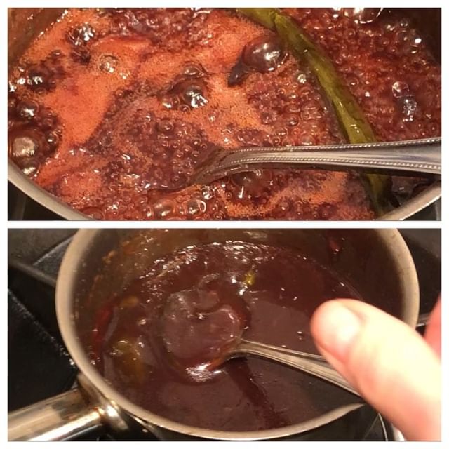 Red-currant mustard soy jalapeño glaze (for tonight’s pork tenderloin): This is what is meant by the phrase “bring to a glaze consistency“- Be patient, use low heat-and always reduce without a cover or the accumulated condensation will undermine the process. Expect things to thicken substantially, when cool. No worries- just reheat gently- to return to pouring or basting consistency