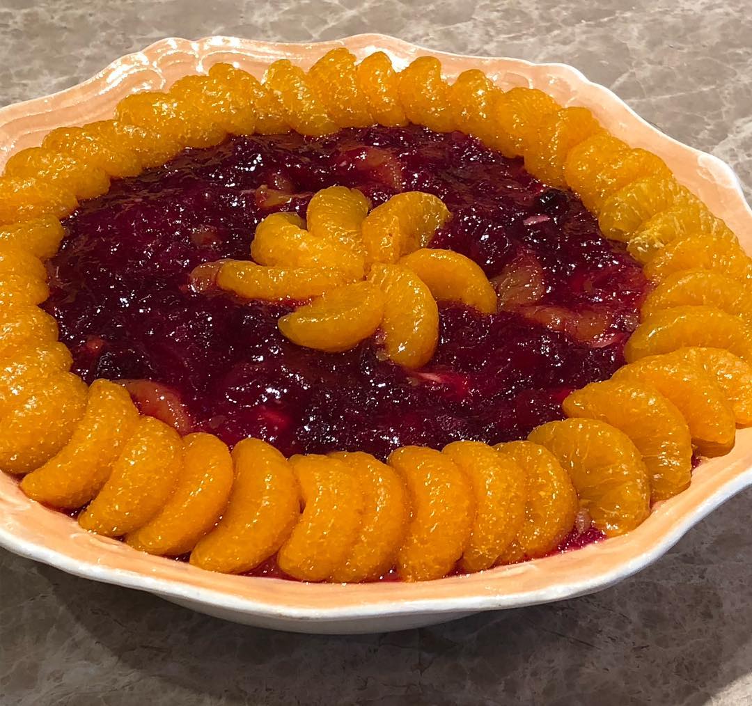 My “every year” Thanksgiving cranberry sauce. Fresh cranberries, cooked in sugar syrup (10-15 minutes at brisk simmer-2:1 ratio, sugar/water), once cooled, add drained crushed pineapple (1 can per 2 (12 oz) bags cooked cranberries), 1 can drained mandarin oranges and 2 ripe diced bananas. Fold well, transfer to serving bowl and decorate with more drained mandarin oranges. Have a blessed Thanksgiving-Sending you love and hopes that your days and nights are healthy, safe and happy