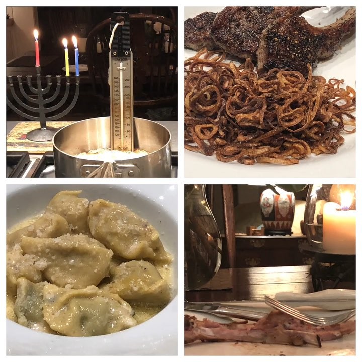 Crispy fried shallots with herb-seared lamb chops and agnolotti dal plin (two fillings): braised rabbit and spinach/onion/mushrooms). Happy Chanukah