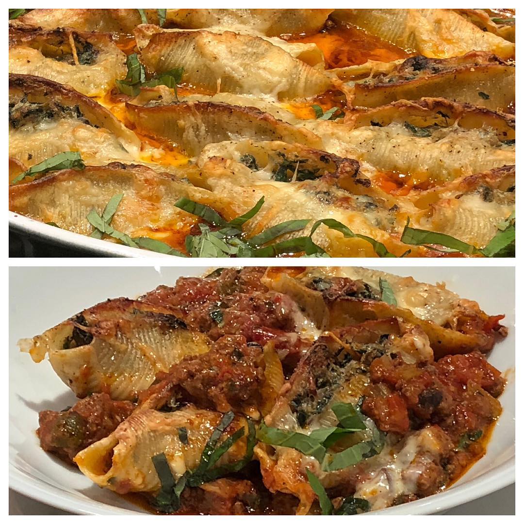 Stuffed shell pasta, filled with onions, mushrooms, spinach, ricotta and Parmesan-planted and baked in a bed of meat sauce! Oh boy